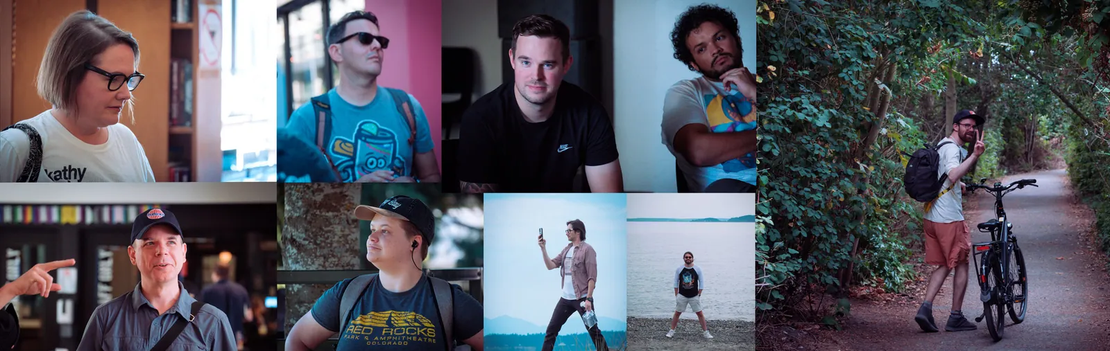 Collage of the Fair Worlds team during the retreat. From the top eft: Angela looks around in a store, Kurt Pennypaker walks outside, Hallur and Julian sit inside during our workshop, Todd walks his bike down a path and looks back flashing the peace sign, Sebastiuan and Mike pose by the water on an overcast day, Josie poses, looking off in the distance, and Jordan smiles while someone points to his left. 