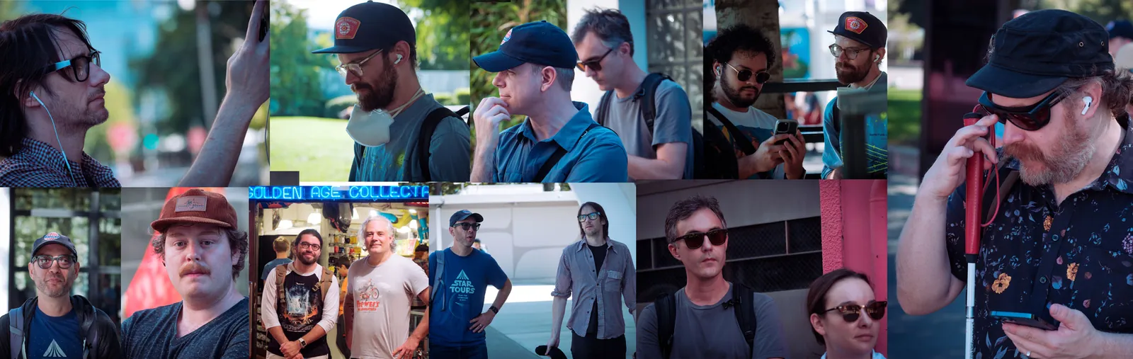 Collage of images from the retreat. From the top left: Mike hold his phone up and looks at the screen while outside,  Todd and Jordan talk and look at their devices while standing outside, Julian points to his phone screen while Todd looks on, Andy holds his cane while listening to the tour and holding his phone outside, Brad and Leslie look off camera outside, Mike and Erik walk around the Climate Pledge arena, on the tour, Sebastian and Isaac pose in front of the comic book store at Pike Place market,  Keil looks at the camera with a funny look, Erik smiles outside at the Seattle Center.  