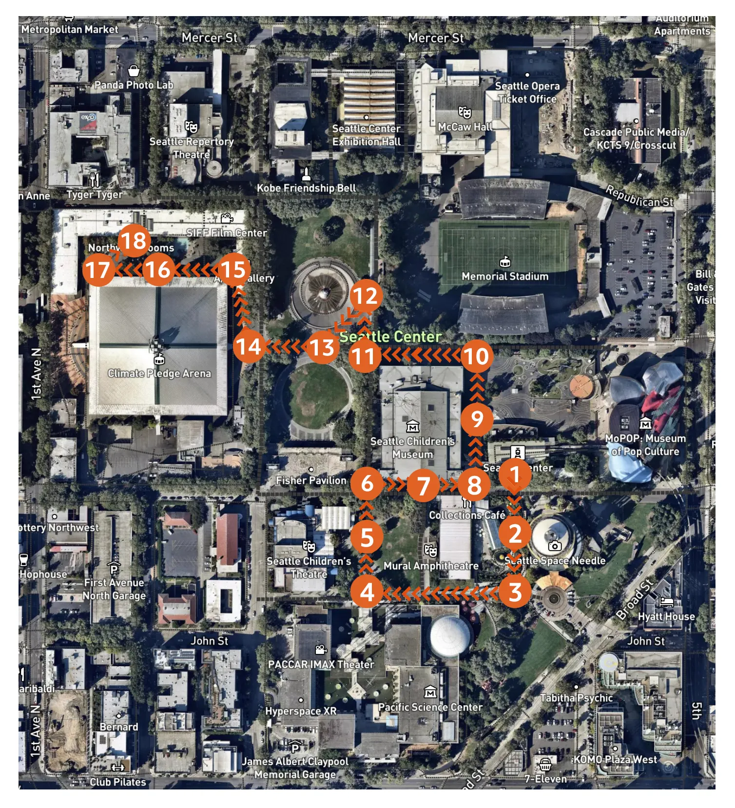 An overhead map view of the Seattle center. 17 tour stops are highlighted in orange showing the route of Space-Time Adventure Tours.
